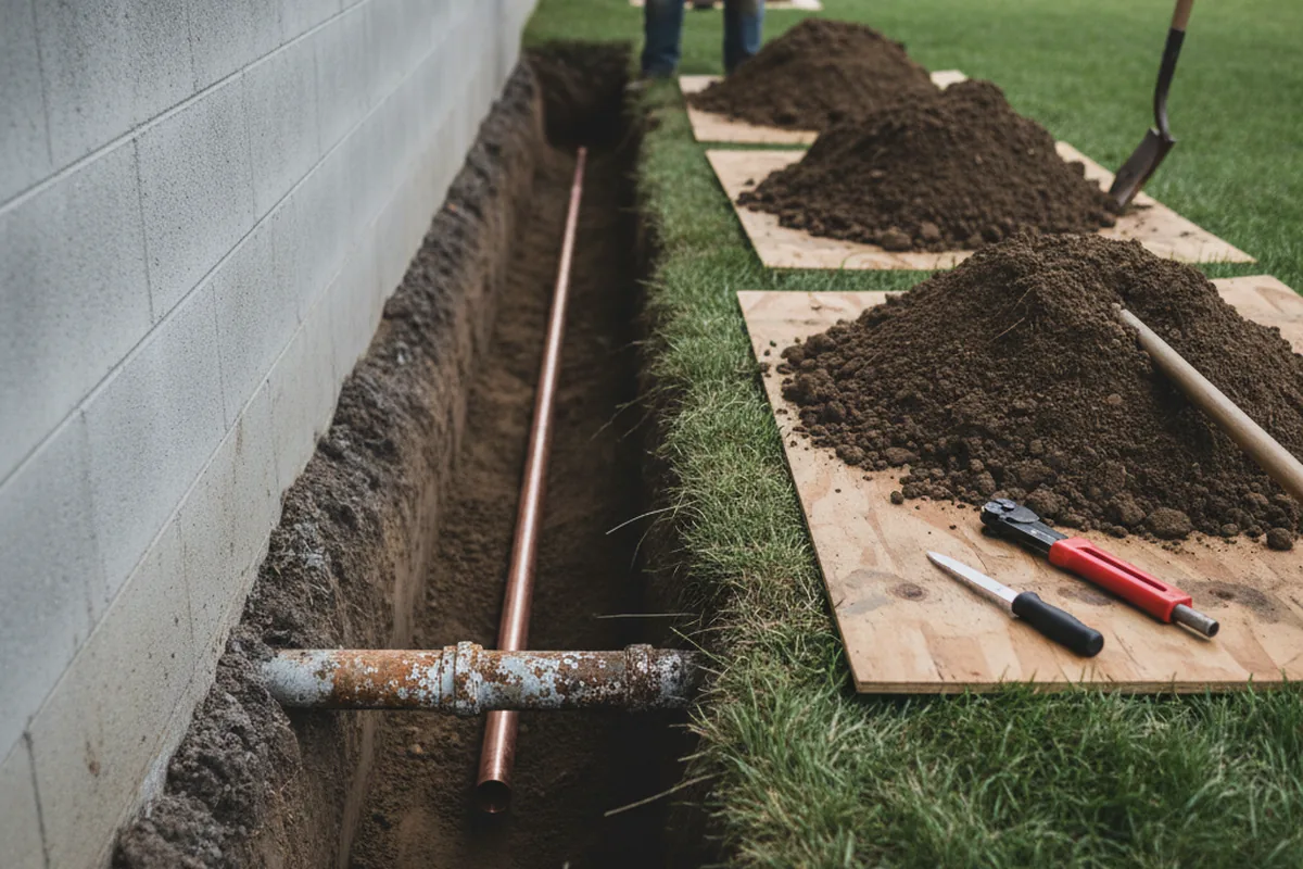 Excavated water line trench during Sewer Line Repair in Linton